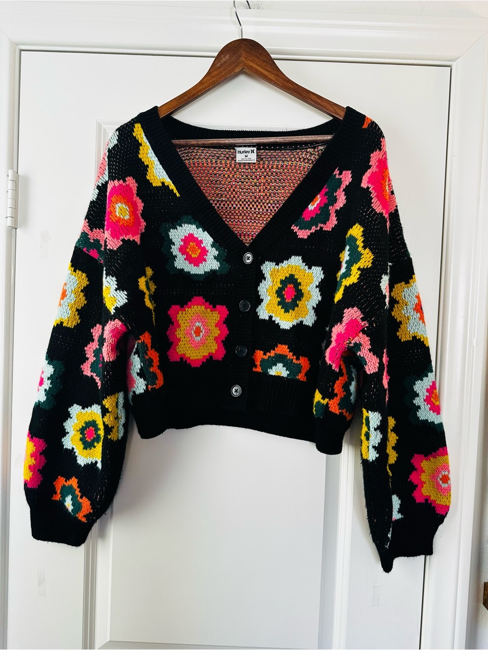 Hurley Black Floral Intarsia V-Neck Button Cardigan